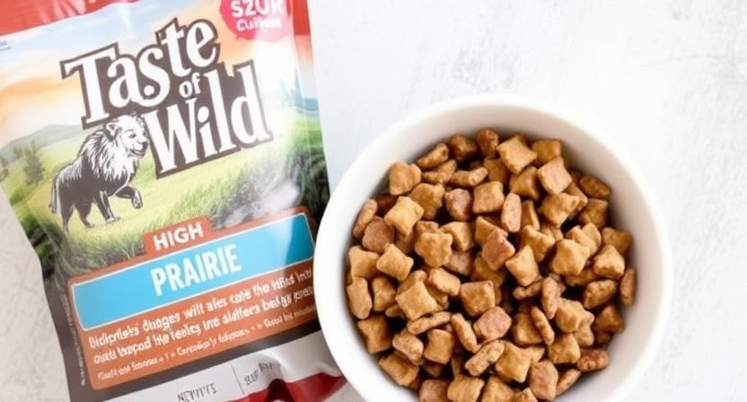 A bowl filled with Taste of the Wild High Prairie kibble alongside its packaging.